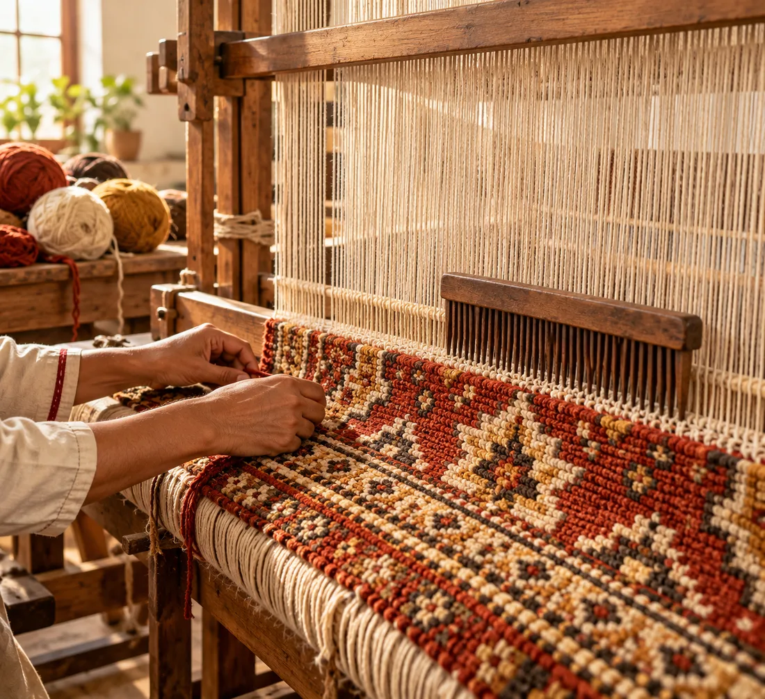 A weaver’s hands hand-knotting a terracotta and ivory carpet on a wooden loom at a carpet manufacturing unit in India