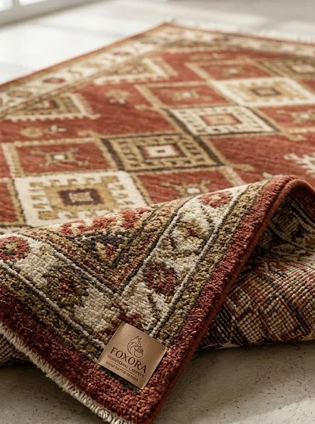 A handwoven Indian carpet in terracotta and ivory, folded back to show its weave and label