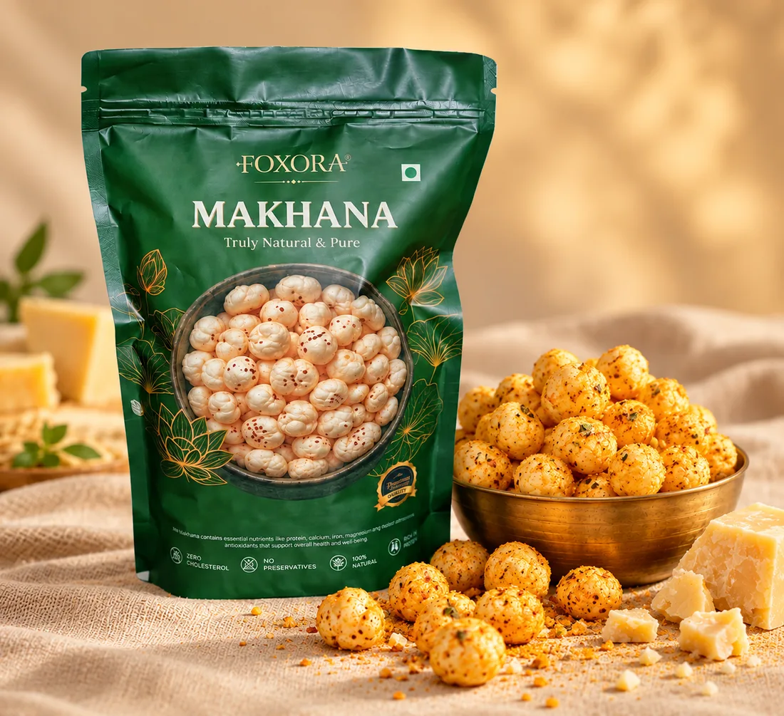 A green Foxora makhana pack beside a brass bowl of cheese makhana and a wedge of cheese