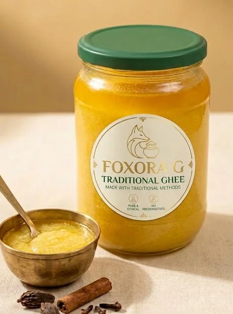 A glass jar of Foxora ghee beside a brass bowl of ghee and whole spices