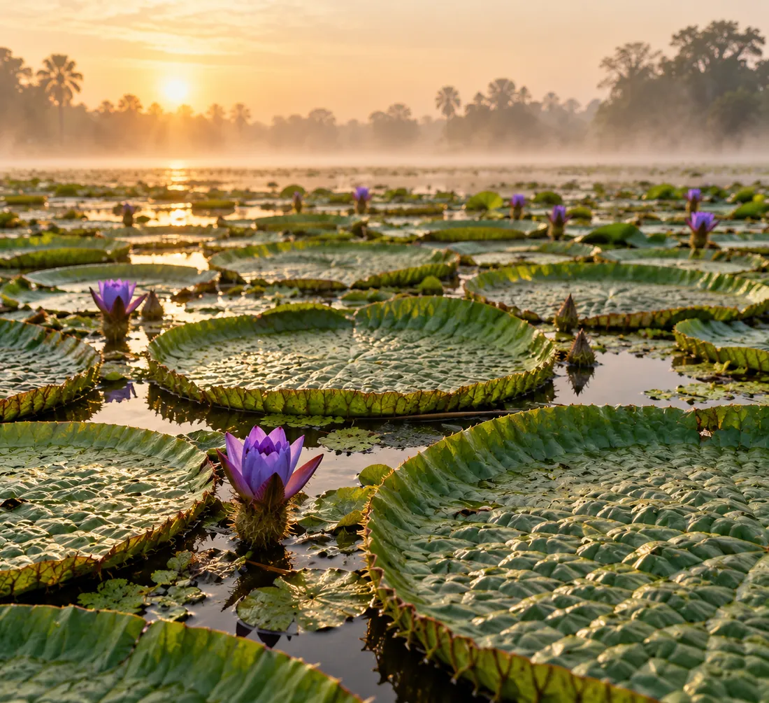A makhana pond at sunrise, with giant round Euryale ferox leaves and purple flowers