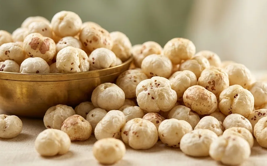 A pile of white puffed makhana spilling from a brass bowl