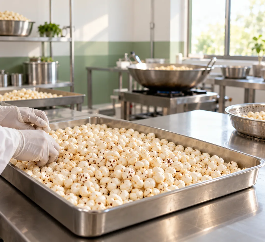 Gloved hands sorting a steel tray of makhana in a clean processing area
