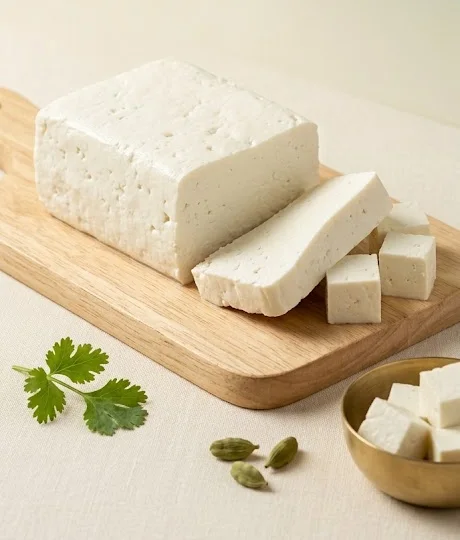 A block of fresh paneer with cut cubes on a wooden board, with coriander and a brass bowl