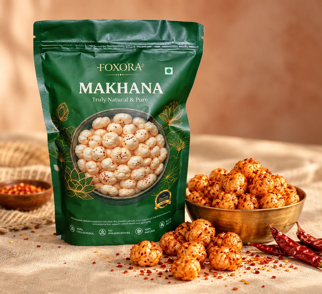 A green Foxora makhana pack beside a brass bowl of peri peri makhana and dried red chillies