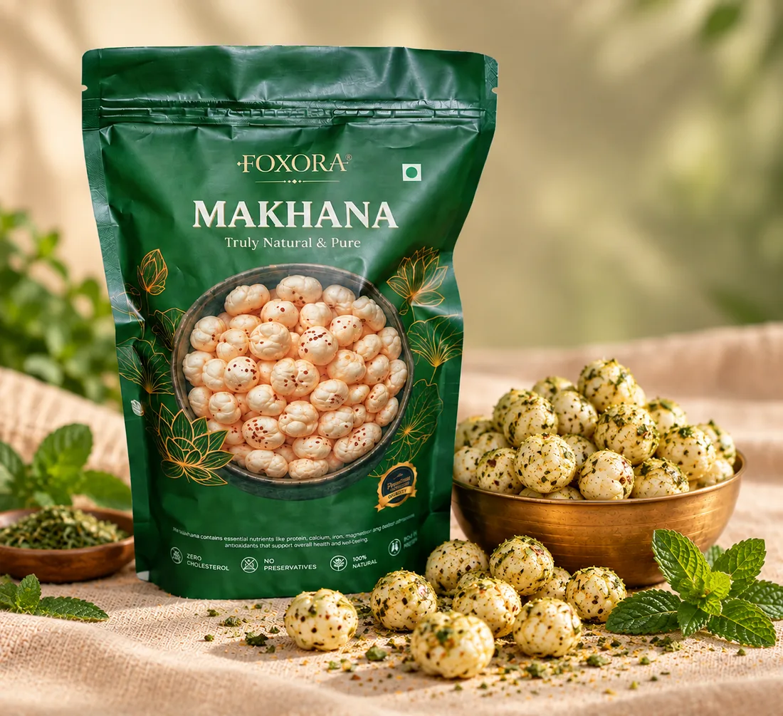 A green Foxora makhana pack beside a brass bowl of mint-seasoned makhana and fresh mint leaves