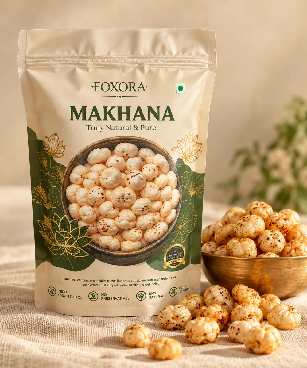 A cream and green Foxora makhana pack beside a brass bowl of roasted makhana
